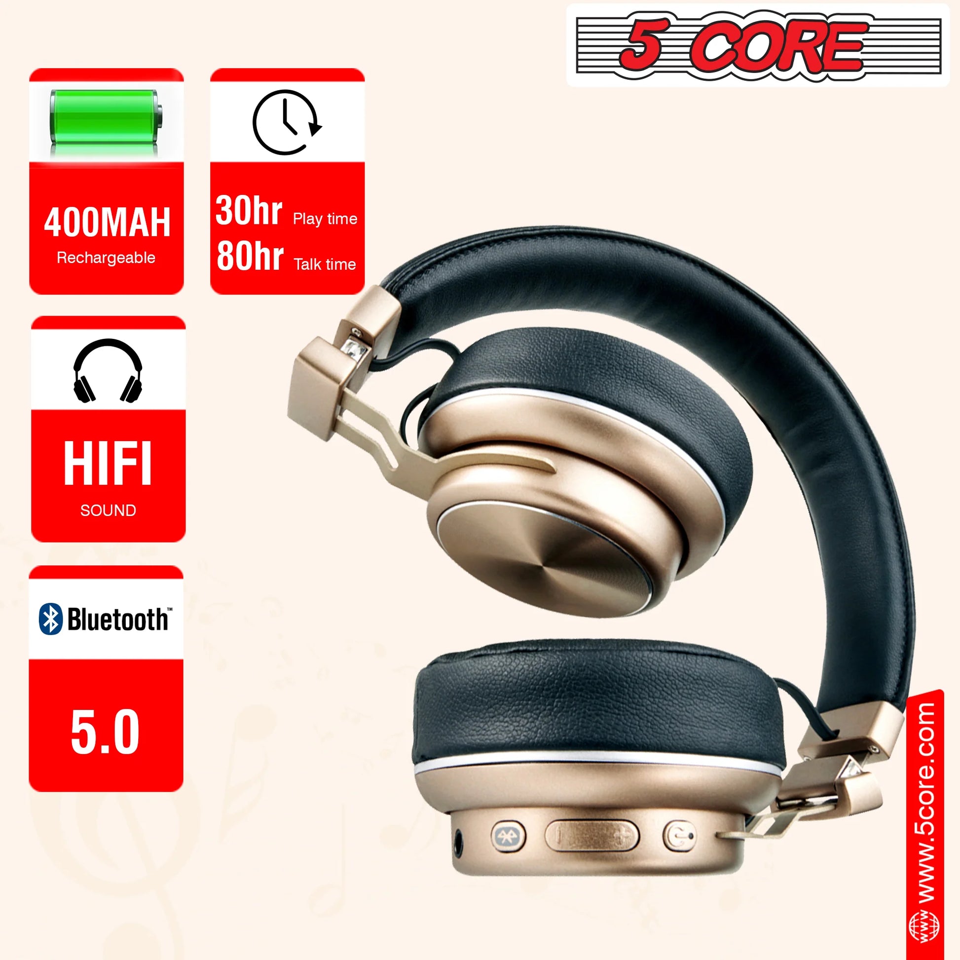 5 CORE Bluetooth Headphones over Ear Noise Cancelling Headset Stereo Headphone with Padded Ear Cups + Adjustable Headband HEADPHONE 13 G